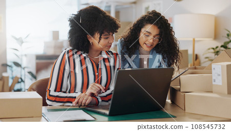 Business people, laptop and boxes in team planning, logistics or small business together at office. Woman in teamwork with computer in supply chain, schedule plan or customer service at retail store 108545732