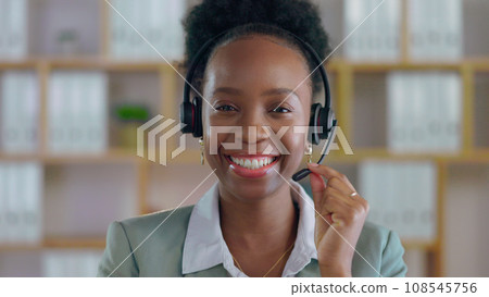 African woman, call center and smile in portrait with microphone for telemarketing, talking or contact us. Consultant, crm and tech support agent with customer service, voip mic and happy for advice African woman, call center and smile in portrait with microphone for telemarketing, talking or contact us. Consultant, crm and tech support agent with customer service, voip mic and happy for advice 108545756