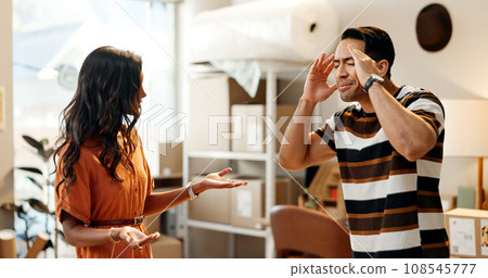 Business partners, fighting and startup for ecommerce, money and decision for goals, debt and stress. Man, woman and partnership for funding, team and company for deal, argument and frustration Business partners, fighting and startup for ecommerce, money and decision for goals, debt and stress. Man, woman and partnership for funding, team and company for deal, argument and frustration 108545777