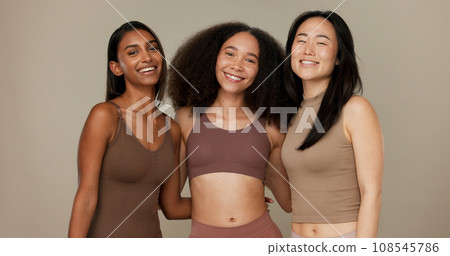 Diversity, underwear and portrait of women friends in studio for beauty, inclusion or wellness. Happy people hug on neutral background as different body care, skin glow or natural cosmetic comparison Diversity, underwear and portrait of women friends in studio for beauty, inclusion or wellness. Happy people hug on neutral background as different body care, skin glow or natural cosmetic comparison 108545786