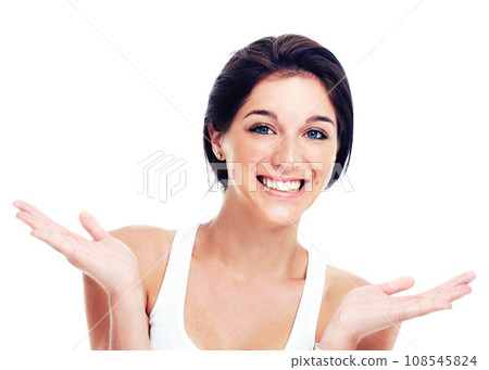 Woman, presentation hands and smile portrait studio advertising sale mockup space, logo or promo. Female model person, happy or gesture branding question information showing, teaching or marketing Woman, presentation hands and smile portrait studio advertising sale mockup space, logo or promo. Female model person, happy or gesture branding question information showing, teaching or marketing 108545824
