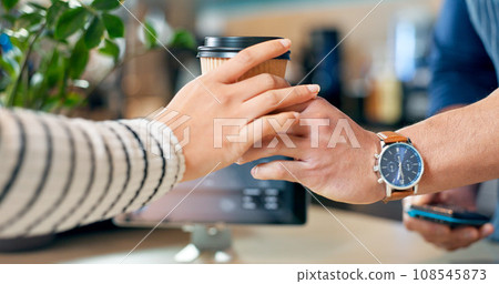 Hands, barista or customer order at coffee shop for service, drink or help in counter payment in cafe. Serving, closeup or person in small business restaurant giving a tea cup to client at checkout Hands, barista or customer order at coffee shop for service, drink or help in counter payment in cafe. Serving, closeup or person in small business restaurant giving a tea cup to client at checkout 108545873