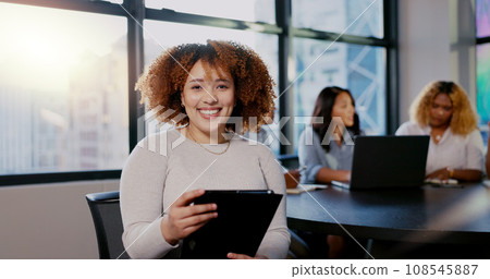 Face, leadership or happy black woman on tablet with smile, motivation and success teamwork in business meeting. Startup, group and employee portrait for mindset of innovation and company growth Face, leadership or happy black woman on tablet with smile, motivation and success teamwork in business meeting. Startup, group and employee portrait for mindset of innovation and company growth 108545887