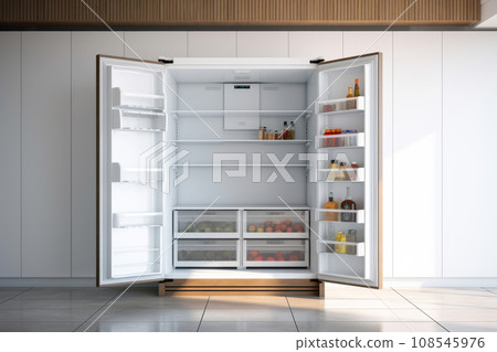 Empty airy kitchen with open refrigerator and empty shelves. Generative AI 108545976