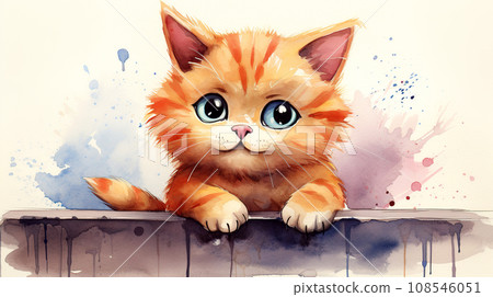 Cute red kitten sitting on the wall. Watercolor illustration. 108546051