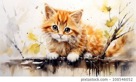 Cute ginger kitten sitting on a tree branch. Watercolor painting of a kitten sitting on a fence. 108546052