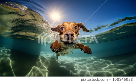 A dog swims in a pool against the background of the sun. 108546058