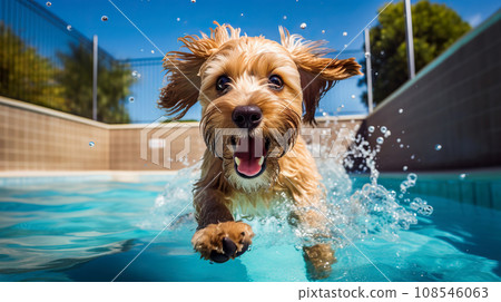 Cute Terrier swimming in a swimming pool with splashes. Cute Terrier swimming in a swimming pool with splashes. 108546063