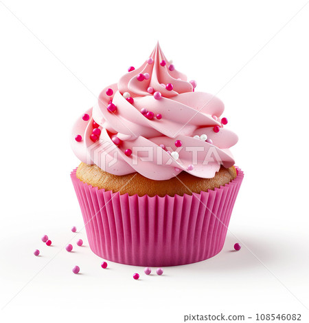 Muffin with pink whipped cream and confectionery decoration. Muffin with pink whipped cream and confectionery decoration. 108546082
