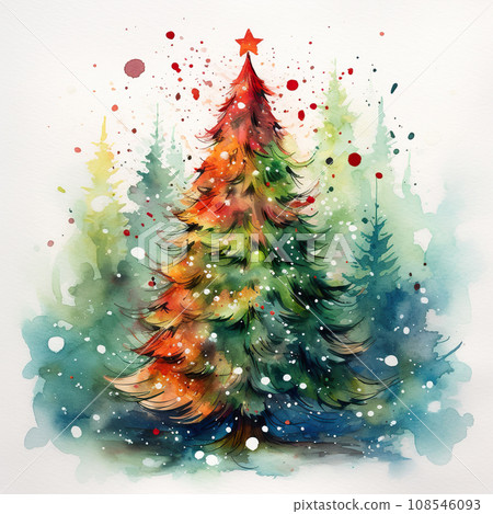 Snowy forest on Christmas Eve. Red star on top of the Christmas tree. 108546093