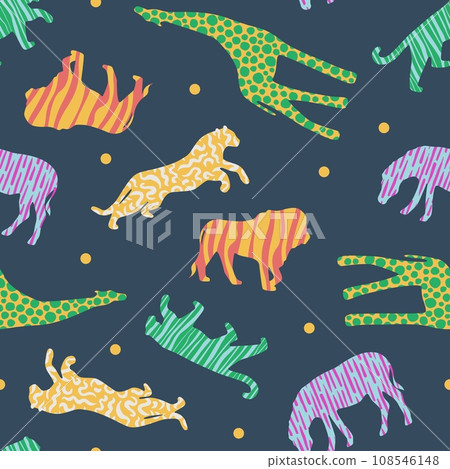 Chaotically repeating giraffe, lion, tiger, zebra and leopard. Vector seamless pattern with abstract animal silhouettes. Decorative fauna pattern for printing on paper, textiles. Chaotically repeating giraffe, lion, tiger, zebra and leopard. Vector seamless pattern with abstract animal silhouettes. Decorative fauna pattern for printing on paper, textiles. 108546148