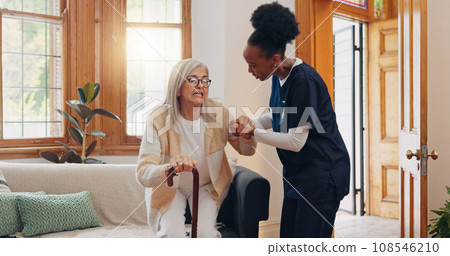 Old woman, walking stick or caregiver in nursing home to help in retirement for medical support. Parkinson, disabled or nurse holding hands of an elderly person in physical therapy rehabilitation Old woman, walking stick or caregiver in nursing home to help in retirement for medical support. Parkinson, disabled or nurse holding hands of an elderly person in physical therapy rehabilitation 108546210