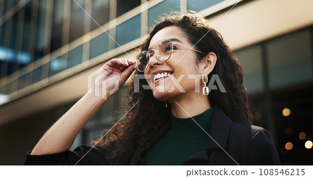 Smile, vision and opportunity with a business black woman outdoor in the city for energy or inspiration. Face, thinking and glasses with a happy young employee looking to the future in an urban town 108546215