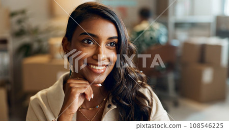 Woman, thinking and happy in small business for shipping, boxes and supply chain of product. Dropshipping, office and employee problem solving or solution for delivery of stock, inventory or planning 108546225