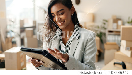 Happy woman, tablet and boxes in small business, logistics or supply chain at retail store. Female person smile with technology for shipping, communication or online networking at shop or warehouse Happy woman, tablet and boxes in small business, logistics or supply chain at retail store. Female person smile with technology for shipping, communication or online networking at shop or warehouse 108546242