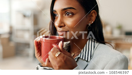Business woman, coffee and thinking, ideas and future with morning routine with inspiration and calm. Mindfulness, caffeine or espresso drink, corporate employee with problem solving and solution 108546397