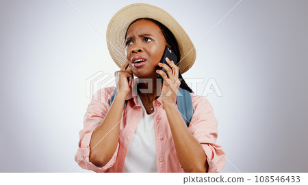 Phone call, travel and black woman with stress, surprise and shocked on a grey studio background. African person, tourism and model with a smartphone, listening and news with reaction and frustrated Phone call, travel and black woman with stress, surprise and shocked on a grey studio background. African person, tourism and model with a smartphone, listening and news with reaction and frustrated 108546433