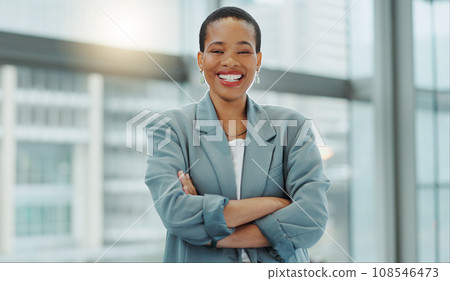 Portrait, business woman and smile with arms crossed for pride, confidence and working in human resources agency in Nigeria. Happy african employee, HR manager or expert staff in professional company 108546473