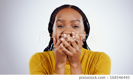 Portrait, surprise and black woman with news, announcement and reaction on a white studio background. Face, model and African person with emotion, gossip and deal with winner, expression and emoji 108546495