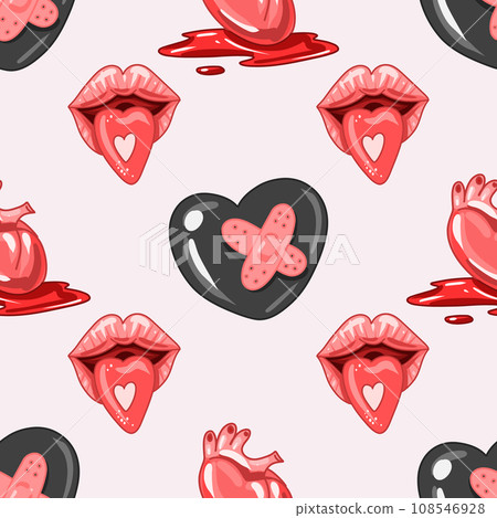 Creepy Valentine seamless pattern, Spooky Valentine, Pastel Goth digital stickers, Alternative Valentine day vector EPS10 108546928