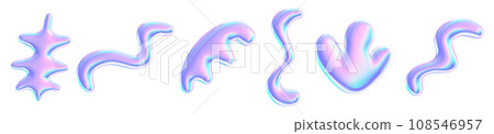 Holographic liquid y2k shape. 3d render illustration set of abstract fluid metal graphic objects of different inflatable forms with holography effect. Geometric chrome shiny glossy bubbles. 108546957