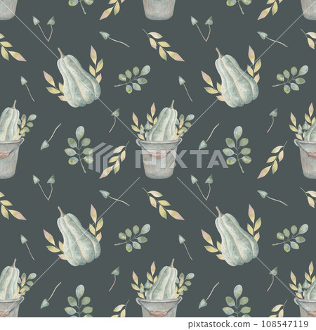 Autumn seamless pattern.Composition of a bucket with a pumpkin and a variety of leaves with mushrooms.Color combination in retro style.Thanksgiving, agriculture, harvest, gardening 108547119