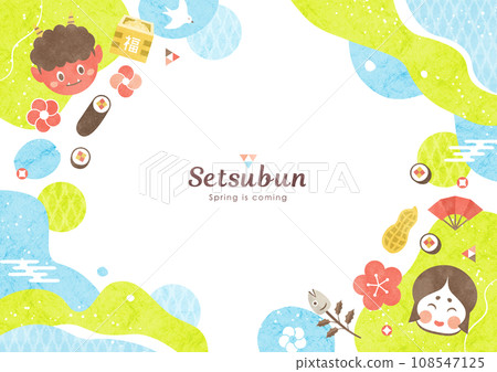 節分背景框架流行水彩插圖框架的惡魔和 ehomaki 藍色和綠色 108547125