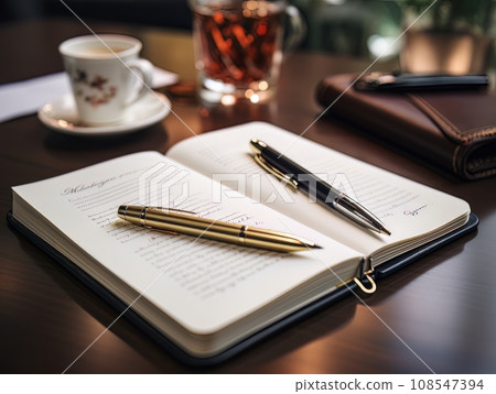 Notepad and pen on wooden desk AI Notepad and pen on wooden desk AI 108547394