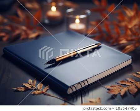 Notepad and pen on wooden desk AI 108547406