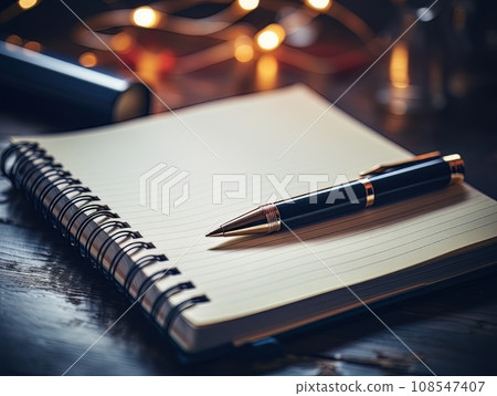 Notepad and pen on wooden desk AI 108547407