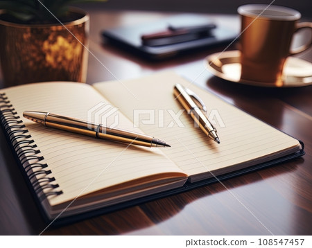 Notepad and pen on wooden desk AI Notepad and pen on wooden desk AI 108547457