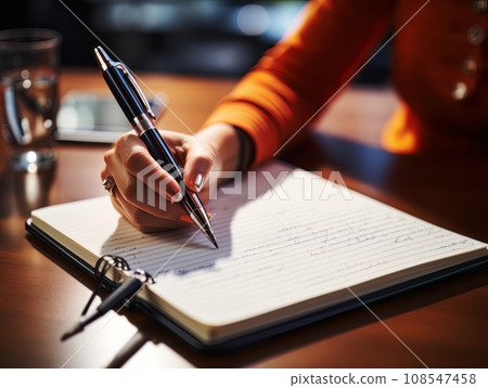Hand holding a pen and writing in notepad on a wooden table AI Hand holding a pen and writing in notepad on a wooden table AI 108547458