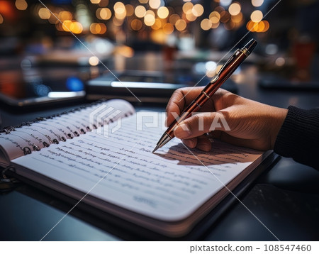Hand holding a pen and writing in a blank notepad on a wooden table AI Hand holding a pen and writing in a blank notepad on a wooden table AI 108547460