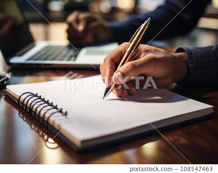 Hand holding a pen and writing in a blank notepad on a wooden table AI Hand holding a pen and writing in a blank notepad on a wooden table AI 108547463