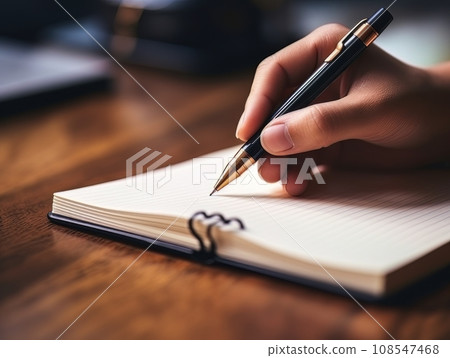 Hand holding a pen and writing in a blank notepad on a wooden table AI 108547468