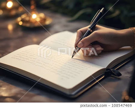 Hand holding a pen and writing in a blank notepad on a wooden table AI Hand holding a pen and writing in a blank notepad on a wooden table AI 108547469