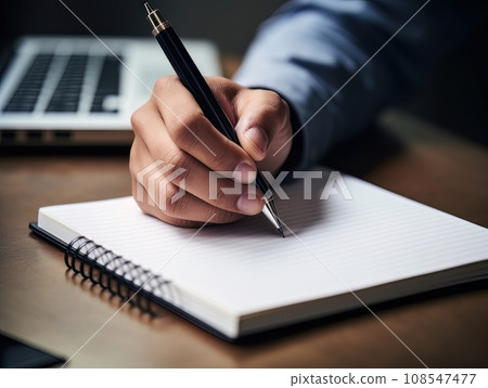 Hand holding a pen and writing in a blank notepad on a wooden table AI Hand holding a pen and writing in a blank notepad on a wooden table AI 108547477