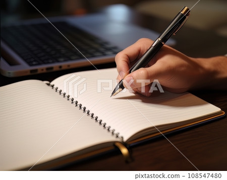 Hand holding a pen and writing in a blank notepad on a wooden table AI 108547480