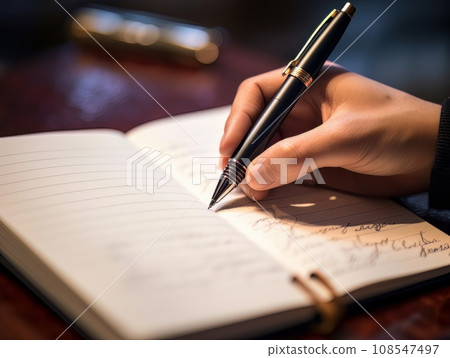 Hand holding a pen and writing in a blank notepad on a wooden table AI 108547497