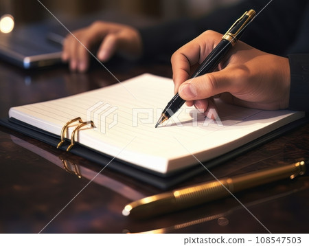 Hand holding a pen and writing in a blank notepad on a wooden table AI Hand holding a pen and writing in a blank notepad on a wooden table AI 108547503