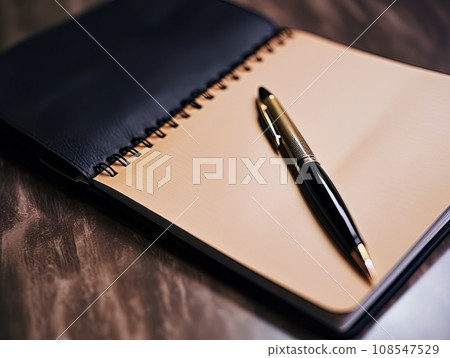 Notepad and pen on wooden desk AI 108547529