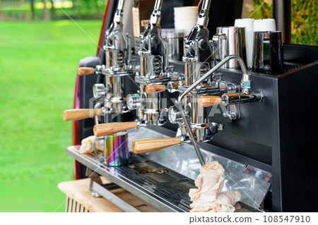 Professional Coffee Machine Installed in the Back of a Car: Coffee Service for Outdoor Events 108547910