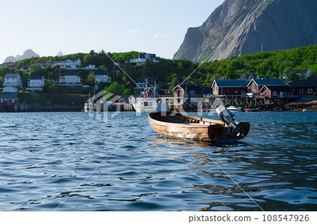 View on the small harbor of fishing village, Summer Lofoten islands, Norway. 108547926