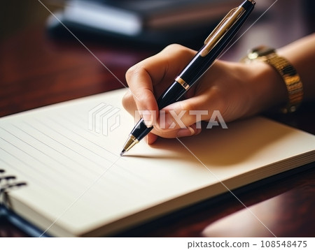 Hand holding a pen and writing in a blank notepad on a wooden table AI Hand holding a pen and writing in a blank notepad on a wooden table AI 108548475