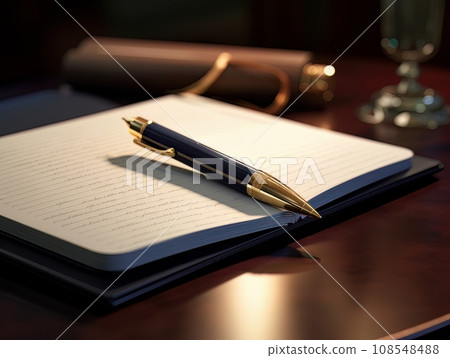 Notepad and pen on wooden desk AI Notepad and pen on wooden desk AI 108548488