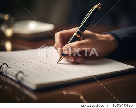 Hand holding a pen and writing in a blank notepad on a wooden table AI 108548489