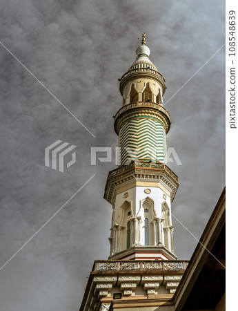 Architecture tower design of Masjid Al - Yusraw or Al - Yusraw Mosque with grey background. Architecture tower design of Masjid Al - Yusraw or Al - Yusraw Mosque with grey background. 108548639