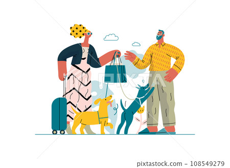 Mutual Support: Pet-sitting -modern flat vector concept illustration of a woman going on vacation leaving her dogs with neighbor. A metaphor of voluntary, collaborative exchanges of resource, services 108549279