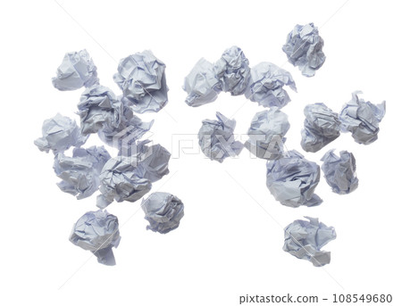 Crumpled paper ball is symbol of frustration discarded ideas, isolated white background. Crumpled paper ball write creative process, problem-solving, potential innovation. Many recycle paper angle Crumpled paper ball is symbol of frustration discarded ideas, isolated white background. Crumpled paper ball write creative process, problem-solving, potential innovation. Many recycle paper angle 108549680