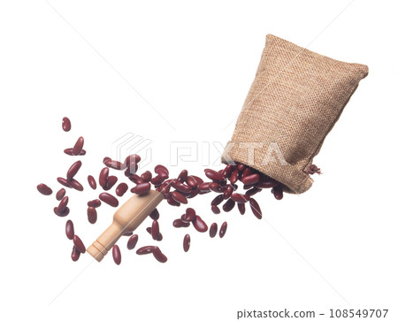 Red Bean flying explosion in sack bag, red grain beans explode abstract cloud fly. Beautiful complete seed pea bean bag splash in air, food object design. White background isolated freeze shot Red Bean flying explosion in sack bag, red grain beans explode abstract cloud fly. Beautiful complete seed pea bean bag splash in air, food object design. White background isolated freeze shot 108549707